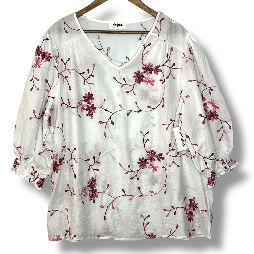 NEW Kindred Plus 3X White Pink Embroider Floral Puff Sleeve Blouse Coquette Boho